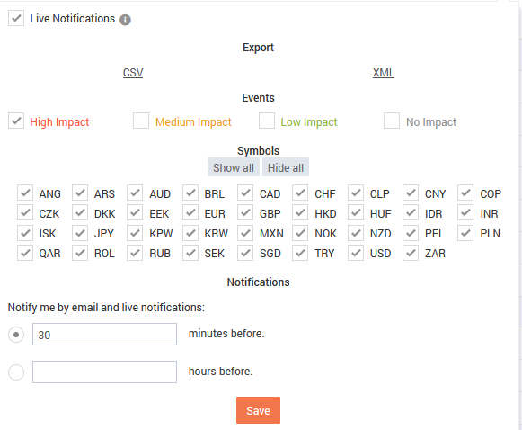 Economic calendar settings